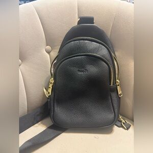 Elegant Black Leather Belt Bag with Gold Zippers